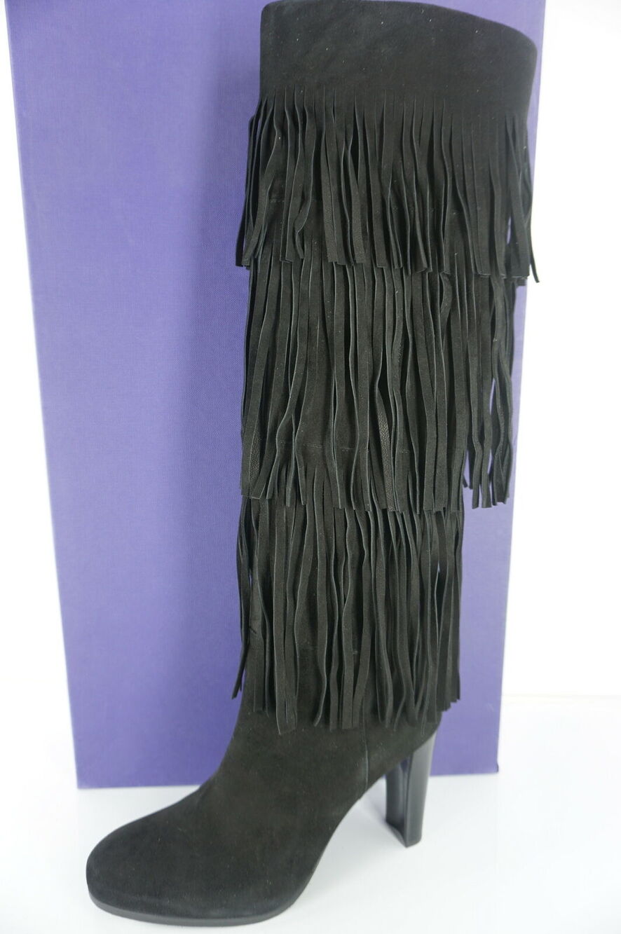 Stuart Weitzman Black Suede Fringie Knee High Boots SZ 7 N Narrow